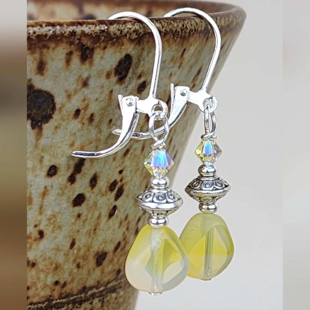 Yellow Vintage Glass Bead Earrings with Swarovski Crystals & Silver, Handcrafted